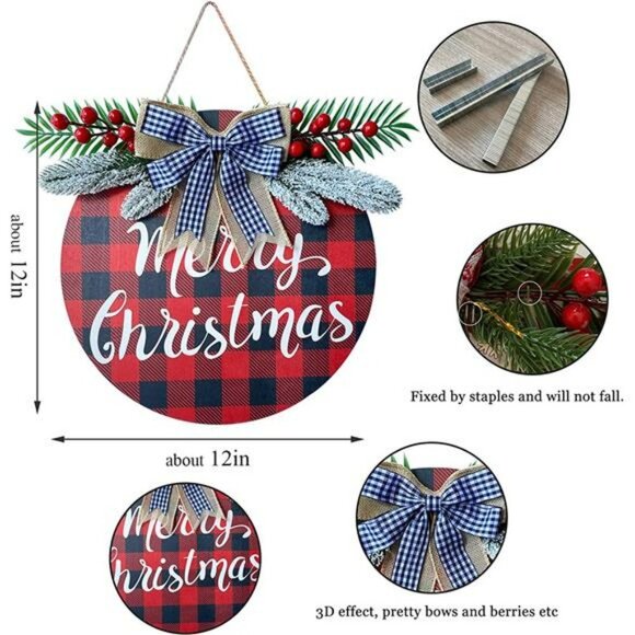 Merry Christmas Wreaths for Front Door Hanging Sign Buffalo Plaid Christmas - Picture 2 of 6